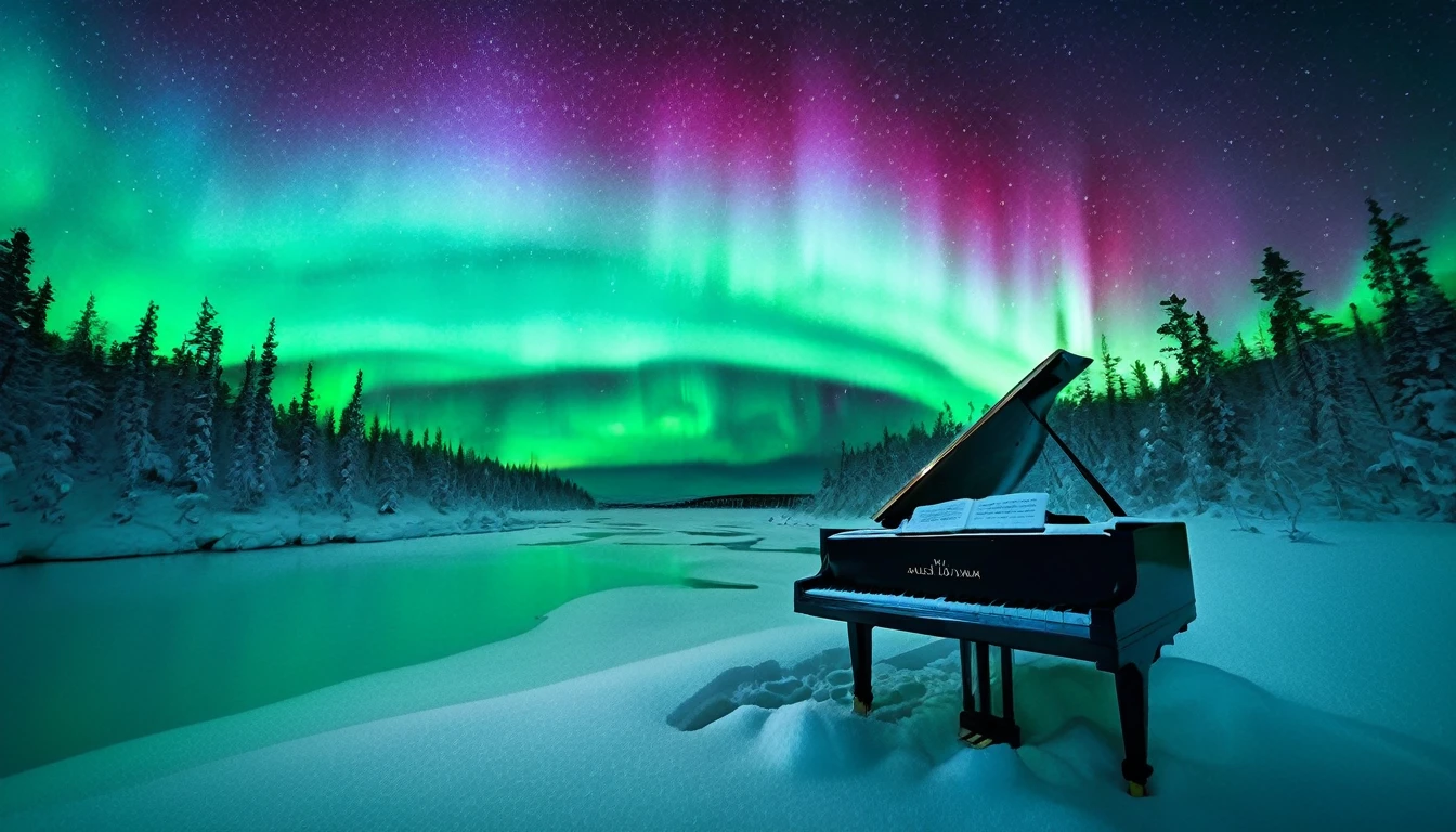 A mystical and enchanting landscape with a single piano under an aurora-filled sky. The surroundings are completely covered in snow, creating a serene