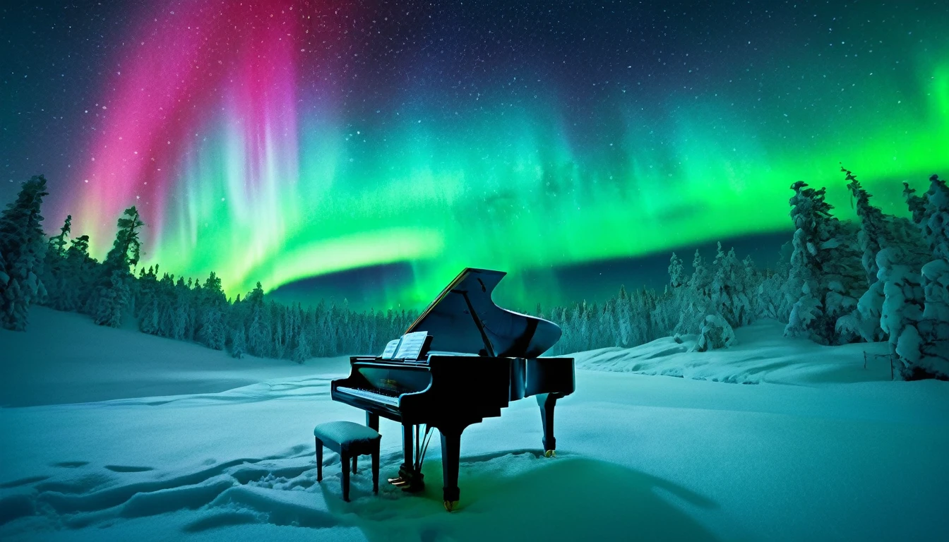 A mystical and enchanting landscape with a single piano under an aurora-filled sky. The surroundings are completely covered in snow, creating a serene