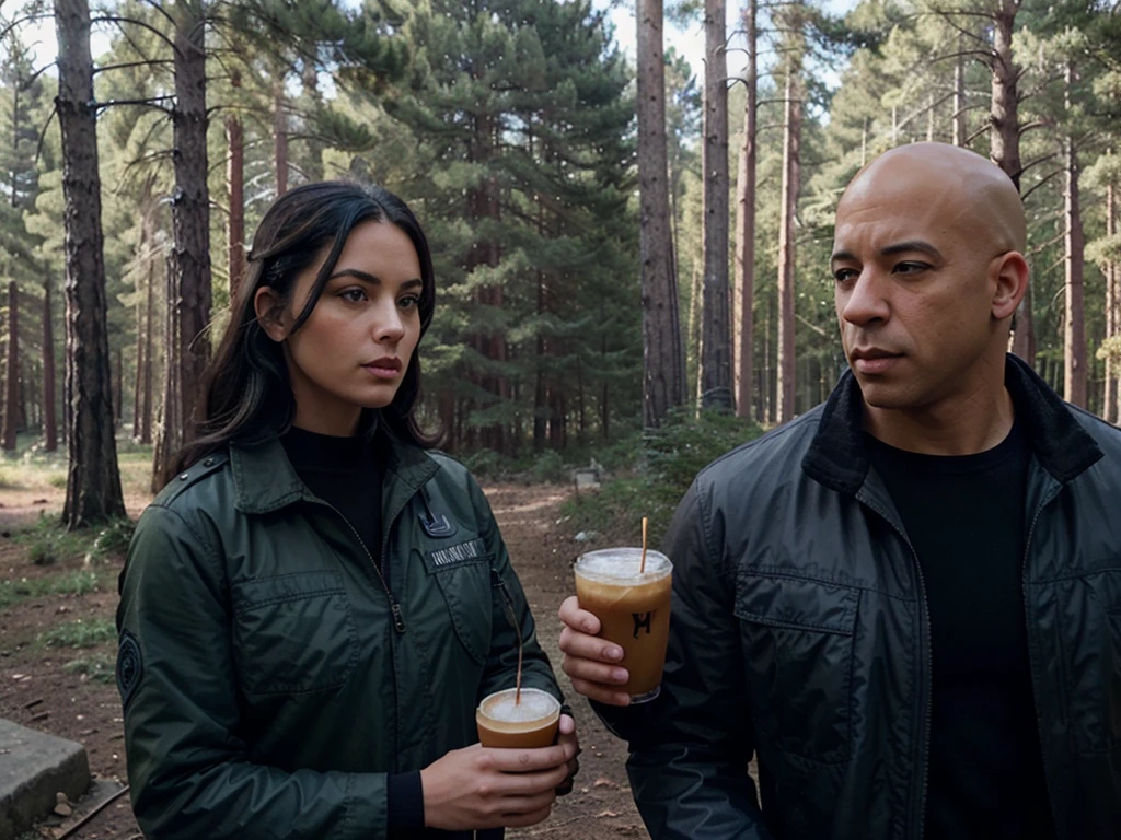 A strongly-built bald man resembling Vin Diesel dressed in navy blue military-style clothing at a military substation in a pine forest accompanied by a beautiful black-haired woman resembling Scarlet Johnson, dressed just like the bald man, realistic image the two drinking coffee outside the substation, accompanied by a Husky