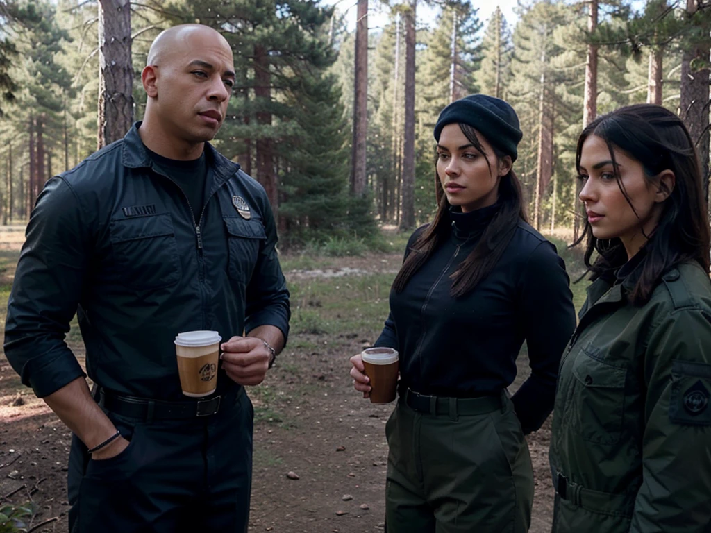 A strongly-built bald man resembling Vin Diesel dressed in navy blue military-style clothing at a military substation in a pine forest accompanied by a beautiful black-haired woman resembling Scarlet Johnson, dressed just like the bald man, realistic image the two drinking coffee outside the substation, accompanied by a Husky
