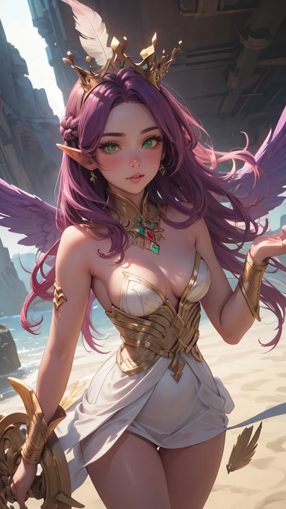 cabelo roxo (purple hair), Greek goddess, sculptural body, super detailed hand, super detailed face, hyper detailed body, No defects, (greeneyes), focused eyes, pretty detailed eyes, pale skin, blushed face, crown on head, long hair, slickedback hair, coiffure, expression of pleasure, fearless stance, partes do fully body, entire limbs, fully body, pink hair, gorgeous fur, high resolution, 4K, lined eyes. fully body, toned thighs, small feet, Waist slender, big-ass, long white dress, small foot, role model, best qualityer, legs open, fearless pose, Point of view, wings with feather