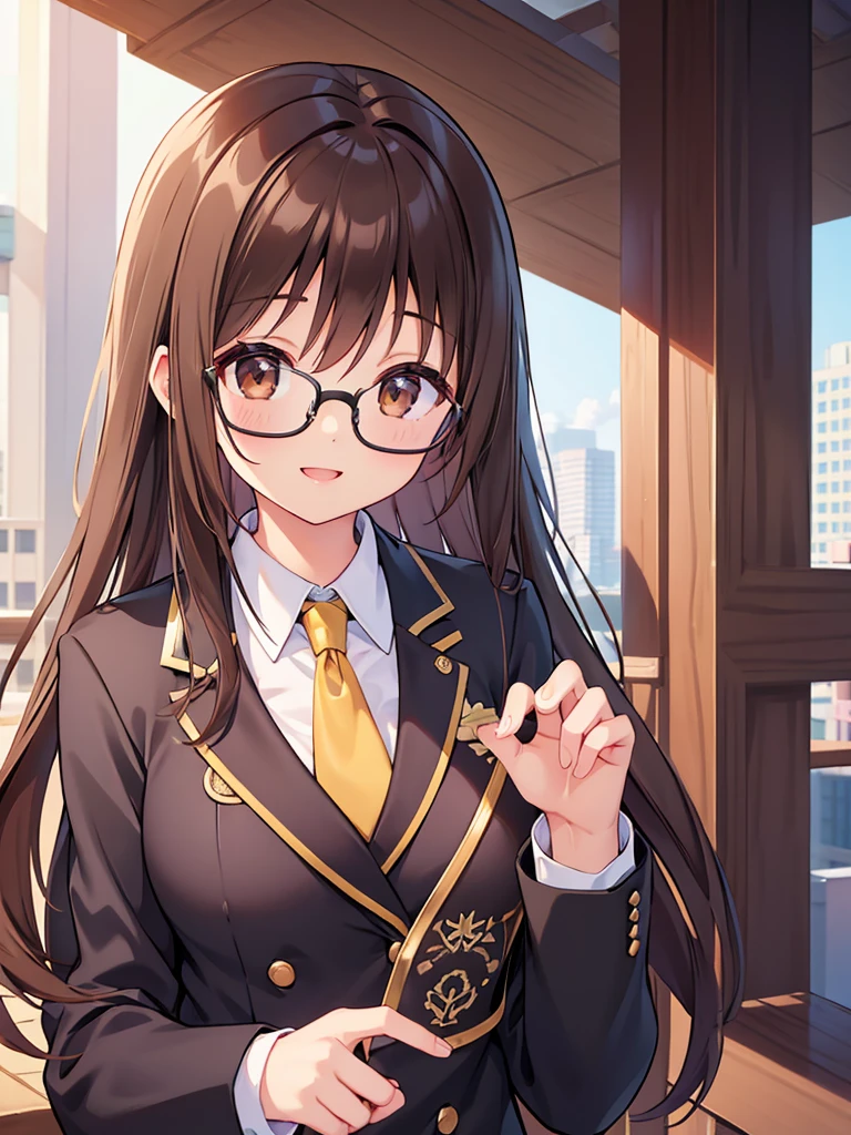 1 Female、Brown hair、Brown Eyes、Best Quality、Super detailed、8 Resolution、Raw photo、Mastepiece、Perfect Body、high resolution、Highest quality、Detailed drawing、Vibrant colors、lure、Long Hair、Black-rimmed glasses、Captivating breasts、Blazer uniform、rooftop、smile