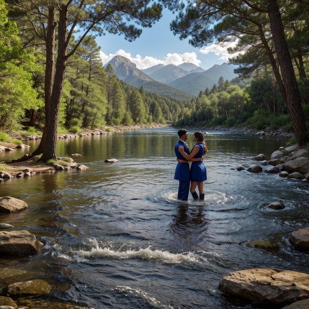 showing a pair of lovers dressed in uniforms, they make love on a rock in the middle of the river. The river has several levels with flowing water and surrounded by background pine trees, there is a large mountain with its peak reaching into the sky. This scene is interesting because it combines the beauty of nature and moments of connection between people, (realistic UHD 64K very clear)