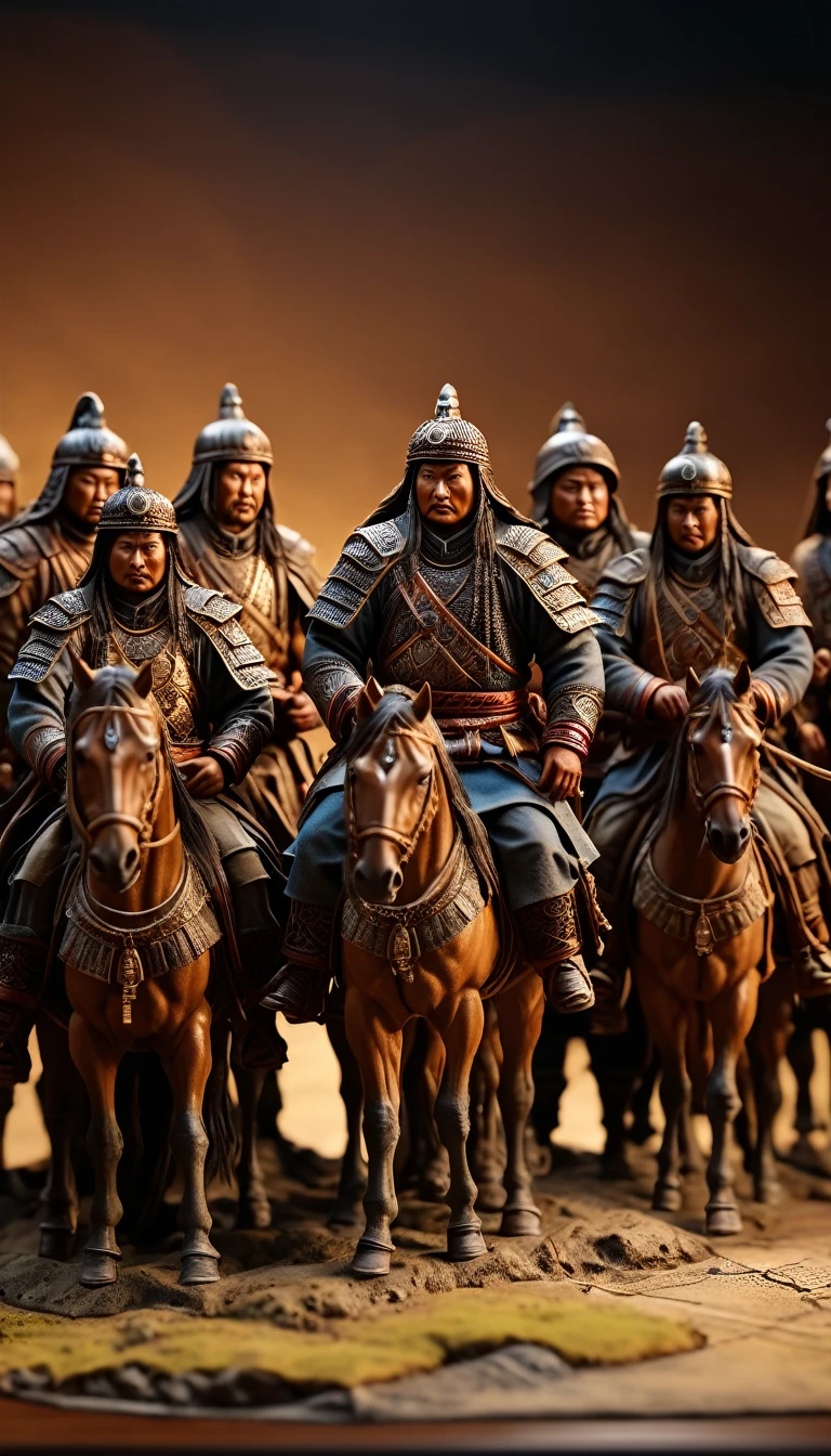 Genghis Khan and his generals planning strategies using maps and miniatures, background cinematic, hyper realistic, ultra detailed hyper realistic, photorealistic, Studio Lighting, reflections, dynamic pose, Cinematic, Color Grading, Photography, Shot on 50mm lens, Ultra-Wide Angle, Depth of Field, hyper-detailed, beautifully color, 8k, golden light from the front,