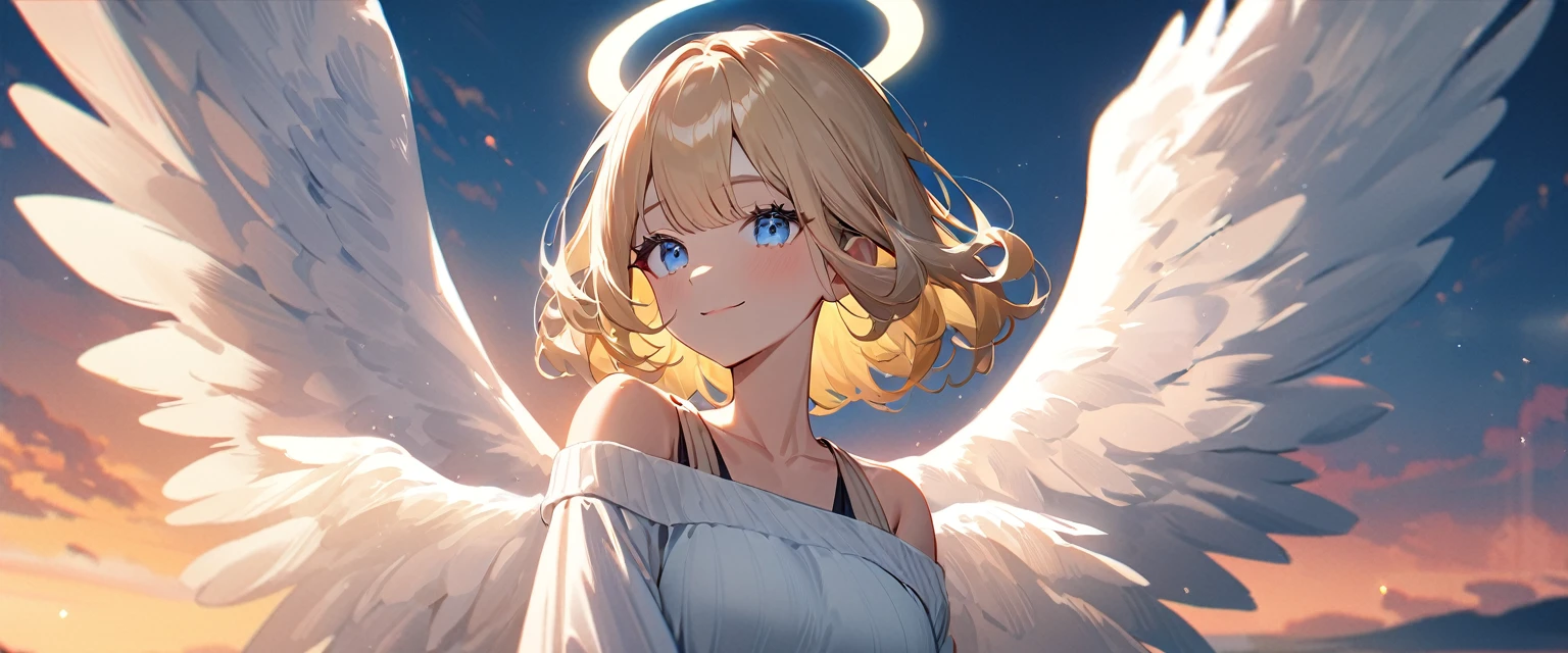 (((One girl))), full body, flying in the sky, bare legs, ((angel, big big white wings:1.2, halo:1.3)), Uriel, ((wavy hair, outward curled hair)), evening, Sunset, sea, beach, ((blond hair, bob cut:1.3)), big breasts, teenager, (looking at viewer), oversized clothes, puffy long sleeves, collarbone, ((off-shoulder sweater dress:1.3, Quite thick shoulder straps)), (((sleeves past wrists:1.3))), ((white sweater)), collarbone, head tilt:1.3, (((blue eye))), ((happy smile)), (((anime style))), (best quality, 4K, 8K, highres, masterpiece:1.2, ultra-detailed, ultra-detailed eyes, HDR, uhd, studio lighting, ultra-fine painting, sharp focus, physically-based rendering, extreme detail description, professional, vivid colors, bokeh), ((Highest quality, Best image quality, Ultra-high resolution, Ultra-high resolution, solo, Strong eye highlights)), Depth of written boundary, Natural soft light, attractive, Beautiful Face, Cleanliness, Pure Face, medium chest, Beautiful Face, Perfect Fingers, Perfect hands, Perfect body, Perfect Face, Shine a light into your eyes, Perfect Anatomy
