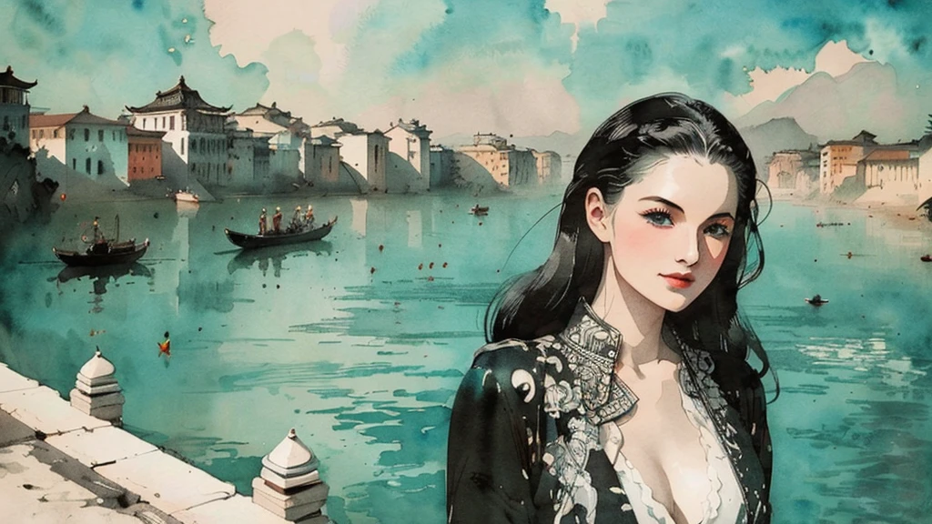 black and white tones:1.3, masterpiece, best quality, tradition chinese ink watercolor paintings:1.2, use thick and light inks to create light and dark changes and layers, a beautiful 20s russian model, ultra detailed face
