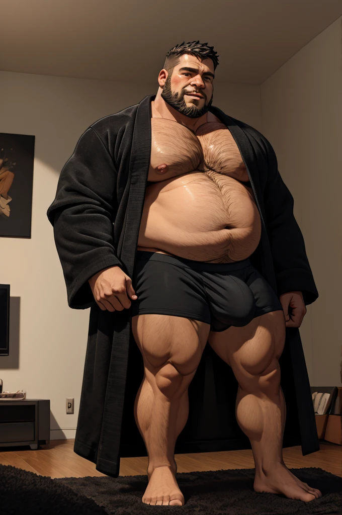 40 years old white Male, tall, giant body, handsome, dad bod, beefy, strong arms and legs, wide shoulders, a bit chubby muscle gut, a bit of fat but still very muscular, extremely hairy, a lot of body hair, short beard, wearing an untie black bathrobe with long sleeves, wearing a short black boxer brief, unrealistic oversized big bulge, barefoot, smirking, modern minimalist living room