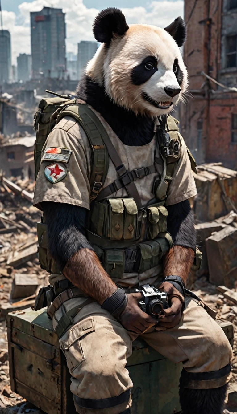 anime artwork (best quality, 4K, masterpiece:1.1), (realism, Practical:1.4), Ray Tracing, hyper realism, Soft lighting, Detailed background, Film Grain, (Detailed fur texture:1.3),
rest
(Anthropomorphic Panda), ((Dressed in apocalyptic style clothing:1.2)), Destroyed city interior after nuclear explosion, Sitting on an ammo box,View from the hill, Get your gun ready?, Angry expression, visible fangs (Perfect anatomical structure),((foot)), (aurora), (closure:1.3) . Anime style, key point, Energetic, Studio anime, Very detailed, High-quality photos, Three-point lighting, Flash with softbox, 4K, Canon EOS R3, high resolution, Smooth, Clear focus, high resolution, Award-winning photos, 80 mm, F2.8, Bokeh