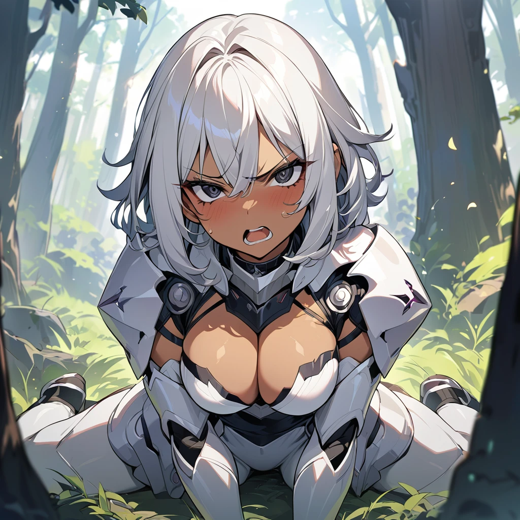 (anime style),masterpiece, best quality, extremely detailed,18Years old,tanned skin,dark skin, Beautiful body,rarge breasts press,BREAK,multicolored colorful white hair,shaggy hair,very short hair,BREAK,black eyes,black choker,dignified face,disgust,angry face,open mouth,detailed lips,,BREAK,with vertical stripes sweater,ripped Princess knight light armor,break,head tilt,in the woods,hands on legs,wariza,