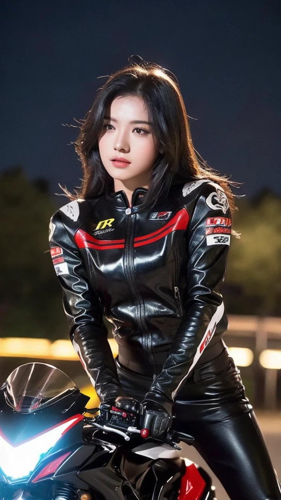 young man on CB650r motorcycles 8K,best quality, ultra high resolution, insta story, shot by iphone camera, black hair, night, best quality, best face, track background,The knight’s name is JK,GP captain