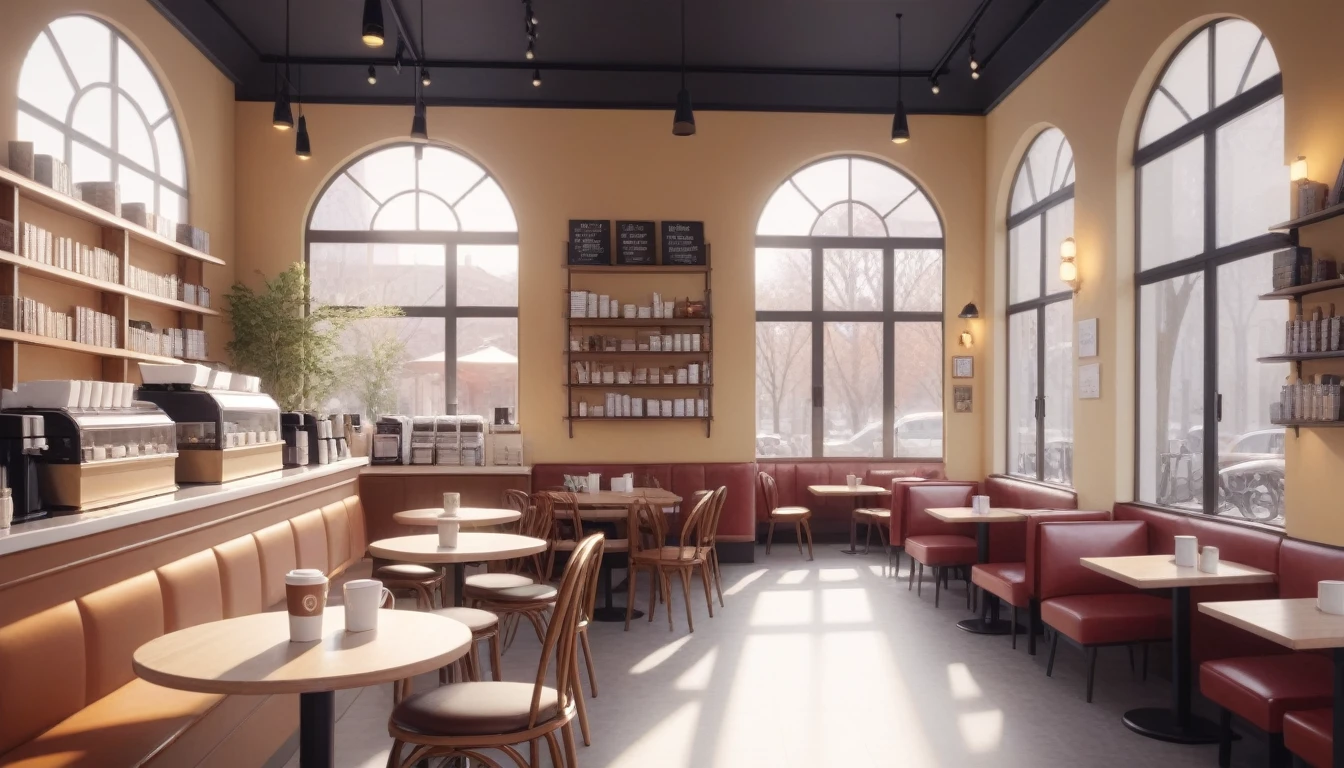 afternoon, frontal shot coffee shop interior, tables with books and coffee cups, and a big window in the center