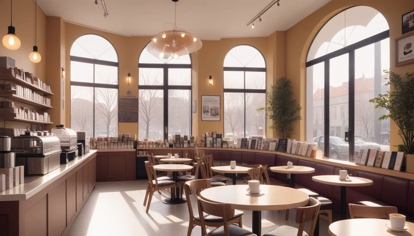 afternoon, frontal shot coffee shop interior, tables with books and coffee cups, and a big window in the center