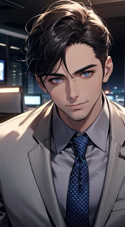 (best quality,4k,8k,highres,masterpiece:1.2),ultra-detailed,(realistic,photorealistic,photo-realistic:1.37),1 man,31 years old,mature man,very handsome,without expression,smile,short grey black hair,blue eyes,penetrating gaze,perfect face without errors,imposing posture,businessman,office background,cinematic lighting,hdr image