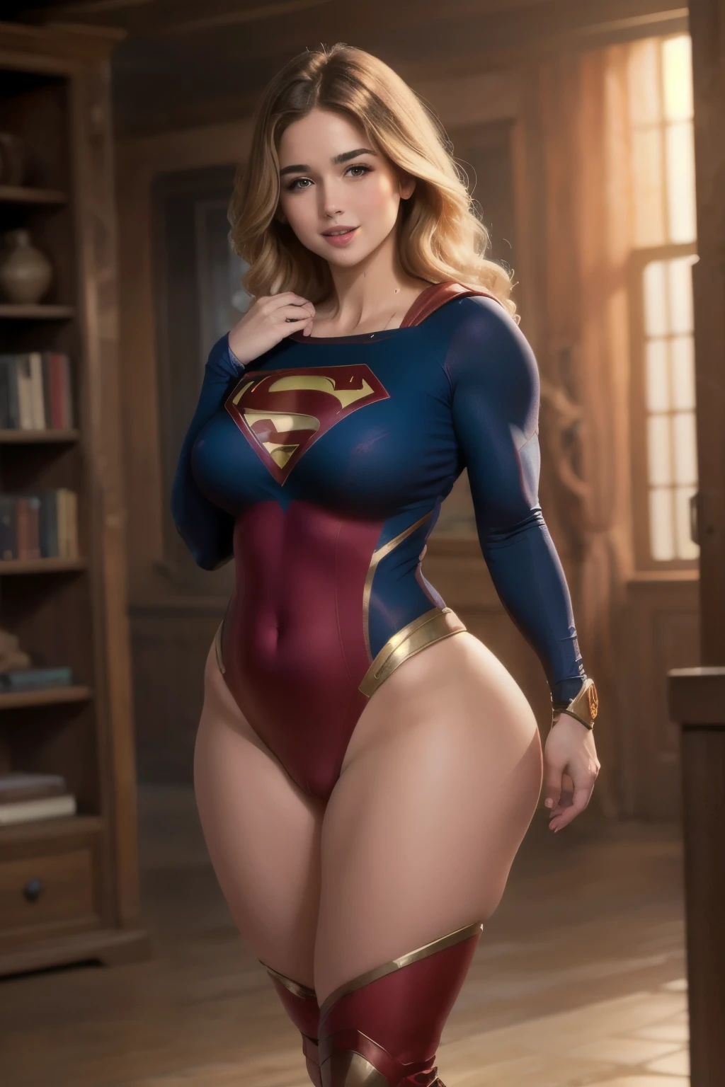 ((super detailed)),(super detailed), highly detailed 8k CG unified wallpaper, bodysuit, pose, cowboy photo, lens flare.The girl is Kara Zor-El (supergirl from DC ) has a plump,blonde hair, chubby body. Her height is about 5 feet 2 inches (157 cm), similar to her mother's large body. Her skin is white and smooth. In terms of facial features, she has soft and lustful facial features. She has a slim nose and plump, naturally rosy lips. Her eyebrows are beautifully shaped and neatly curved, framing her eyes beautifully. She is very big and has a beautiful figure. they are big and you can see the outline of her nipples. Overall, her (lewd, drooling) smile conveys her lecherous, slut-like nature. A sexy girl with a big and thick body is wearing a bodysuit where you can see all her curves and her hair hugs her nipples. She has thick breasts and the suit is very tight and covers her entire body, you can see all her curves and body. The full body suit is very tight, you can see her entire body, her slim waist, she's a girl ready to be a fucking machine,with a cock-craving cunt,Her body sways and you can see her breasts are full of milk flowing out