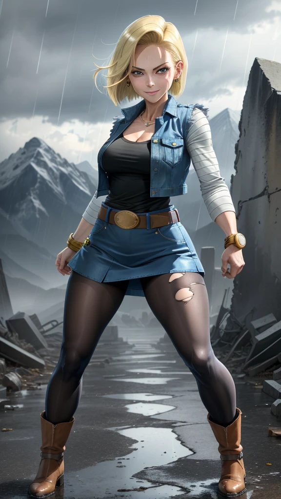 best quality, highres, and18, 1girl, android 18, solo girl, 1girl, blonde hair, blue eyes, belt, boots, tight blue demin skirt, gold_necklace, black shirt, short hair, long striped sleeves, earrings, open vest, denim vest, medium breasts, cowboy shot, mountains, straight-on, (weather: raining and windy), wet body, sexy smile, combat stance, full length pantyhose, battle ruins, wide hips, thick legs, torn clothes, closed fists,