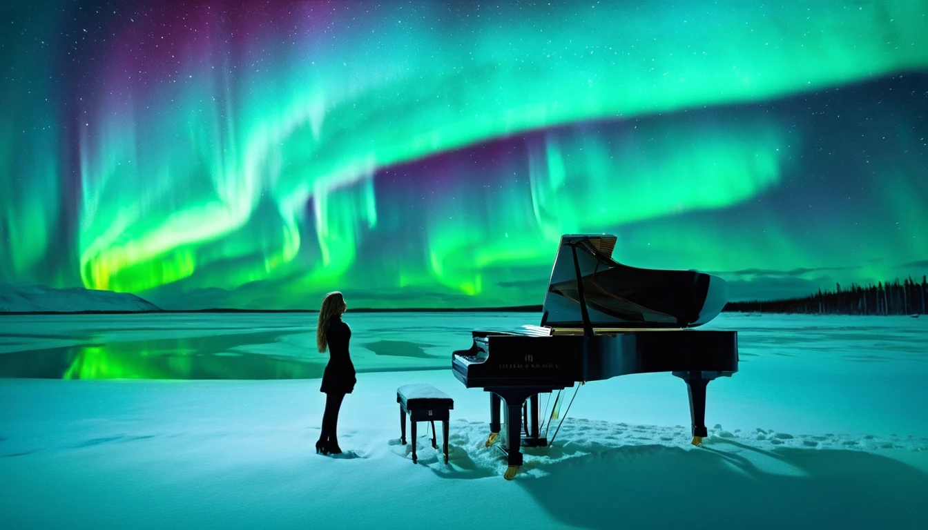 A mysterious and enchanting scene with a single piano under a sky full of aurora borealis. A beautiful woman is standing in front of the piano. The surroundings are completely covered in snow and silence.