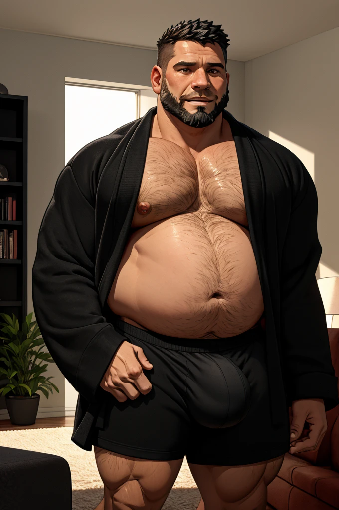 40 years old white Male, tall, giant body, handsome, dad bod, beefy, strong arms and legs, wide shoulders, a bit chubby muscle gut, a bit of fat but still very muscular, extremely hairy, a lot of body hair, short beard, wearing an untie black bathrobe with long sleeves, wearing a short black boxer brief, unrealistic oversized big bulge, barefoot, smirking, modern minimalist living room