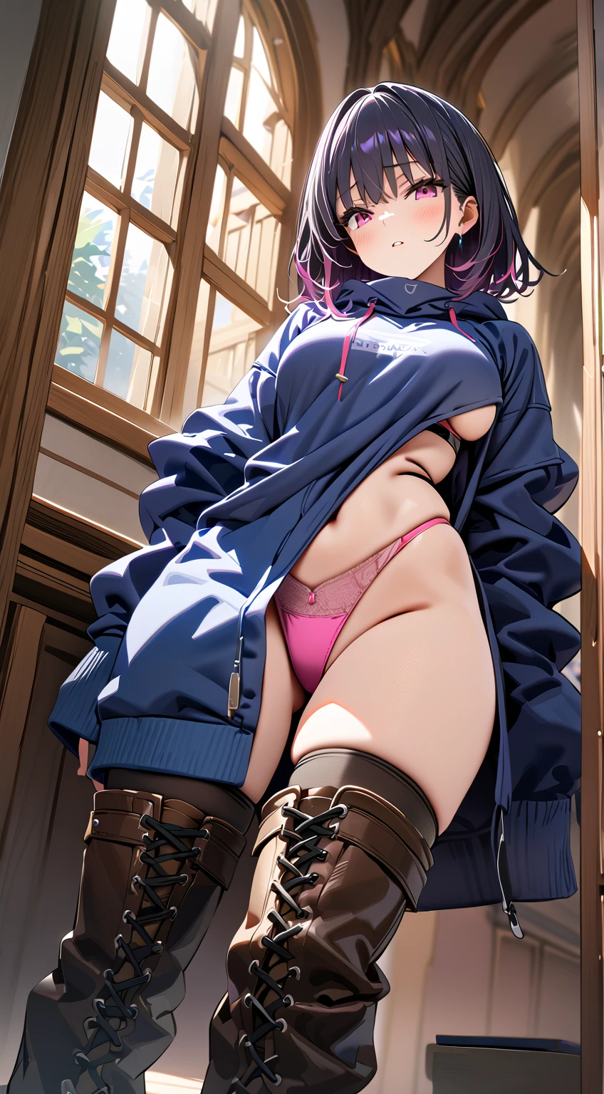 (Masterpiece, Best Quality:1.5), (ultra detailed, high resolution, 8k, Beautiful detailed, UHD, best anatomy), 1 pretty girl, black fur, medium breasts, sleeves beyond the fingers, sagging clothes, Oversized sweatshirt, , leather boots, showing pink panties, 