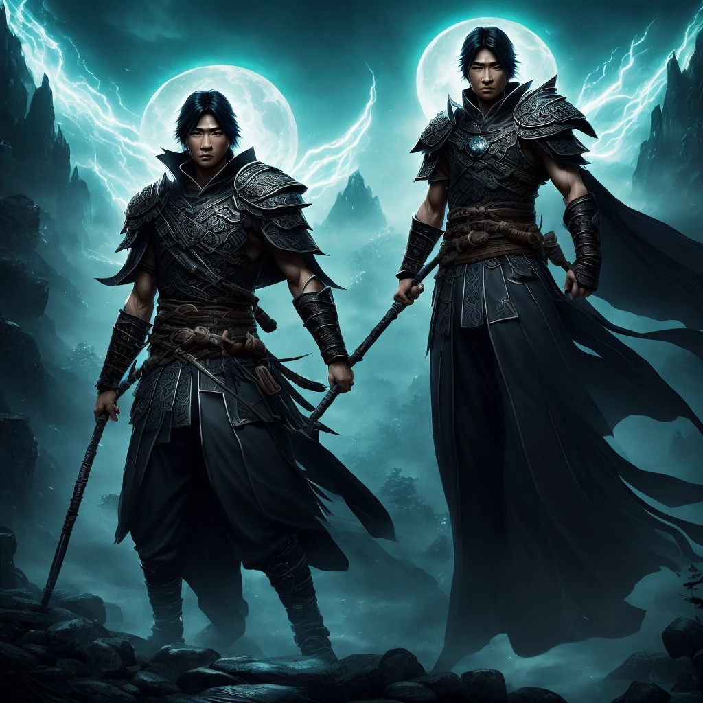 "Create a cover illustration for a fantasy novel featuring Koji, a handsome Korean warrior with a sharp, ethereal beauty. He should be dressed in traditional Korean warrior attire,exuding an aura of cold determination and intelligence. His piercing eyes should stand out, suggesting both strength and mystery.The background should be dark and mystical,such as an ancient city under a moonlit sky or a dark forest, with subtle elements of Korean culture and the Murim world. Add visual effects like swirling dark energy or shadows around him to emphasize his
connection to powerful forces. The overall mood should be intense and captivating,drawing readers into Koji's dark and
mysterious journey."