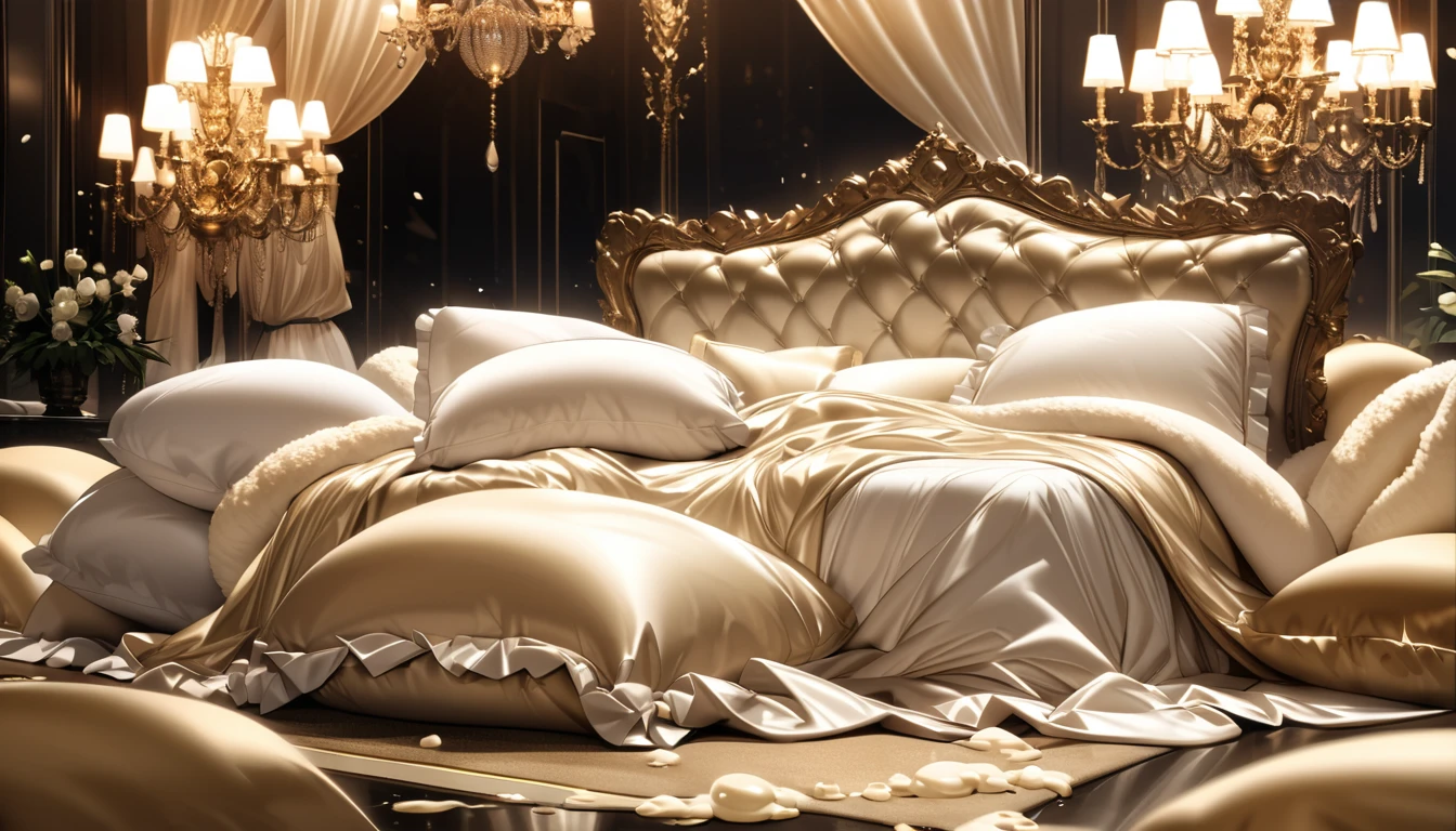 Lots of giant silk pillows. Luxurious and fluffy silk bed. White chocolate sauce splattered