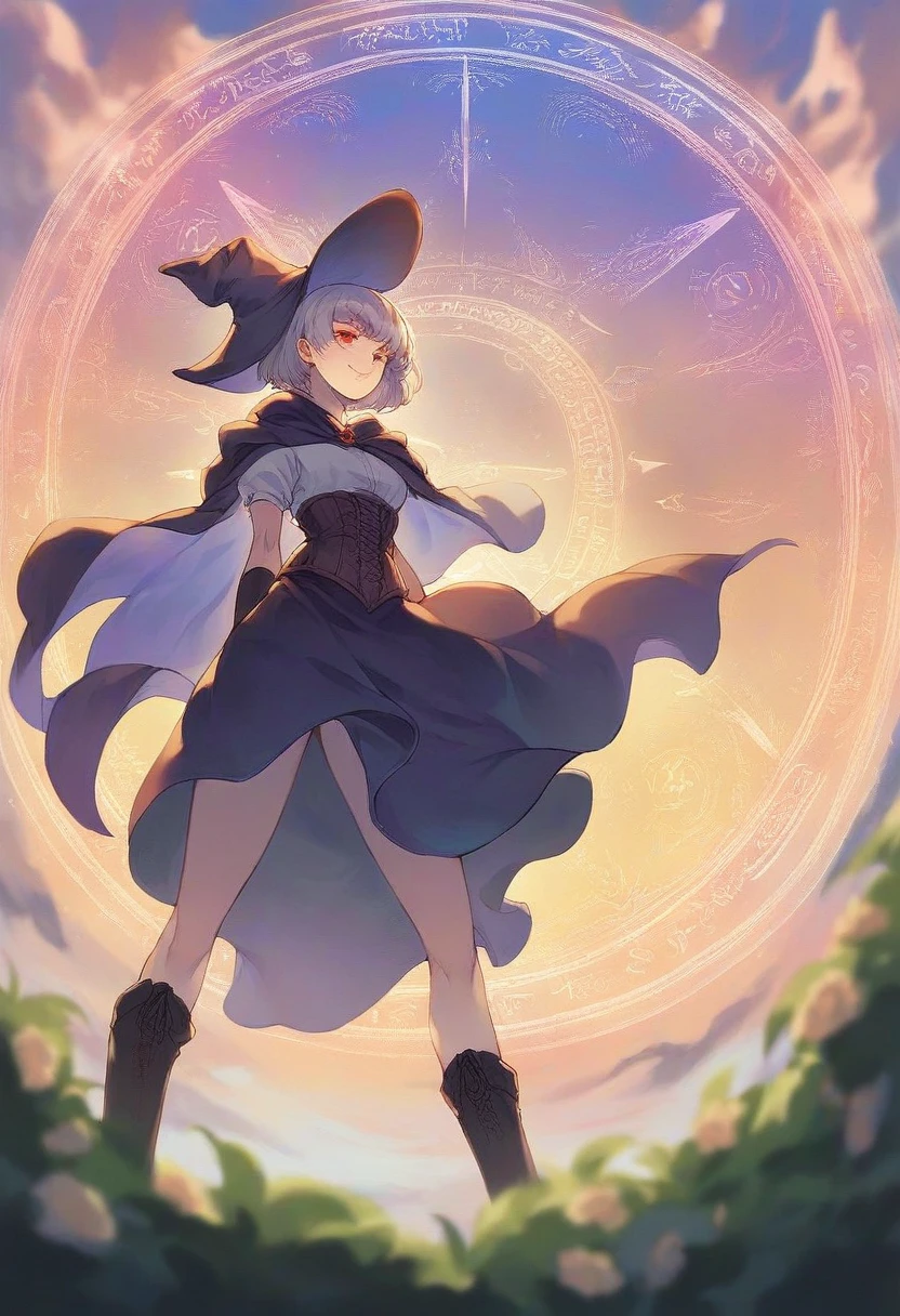 Portrait image. Soft anime tones. Low angle view. Looking over shoulder. Beautiful 1woman. Mage. Magic circle. Flowing cloak, tunic, gloves, skirt, corset, boots. Highly detailed face, short hair, highly detailed red eyes. Curvy. Open field of flowers. Blurred background. Sunset. Natural light enhancing contours of her body... Sunrise. Sky is gradient blue and purple. Smile. . Clouds. Witch hat. Hand behind back