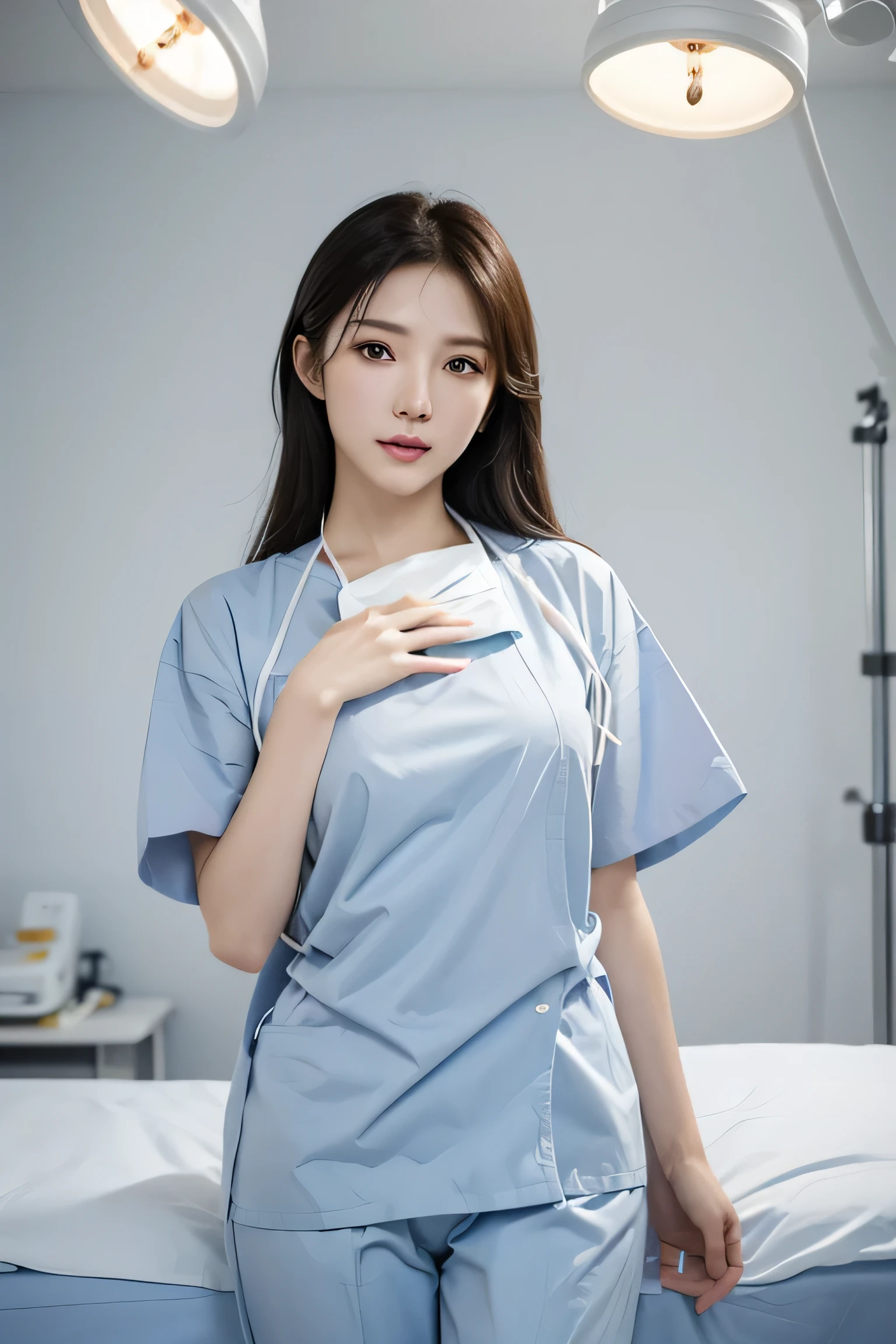 (cowboy shot:1.2), smiling elegant slim asian woman, Japanese, wearing surgical_mask_open, ((( completely_undone, surgical outfit))), black hair, (ojou-sama pose), (modern surgery room), photo, 1girl, ultra high res, realistic photorealistic, ultra-detailed, finely detailed, high resolution, perfect dynamic composition, (perfect eyes), (detailed eyes), solid circle eyes, sparkling eyes, (clean eyes), anatomically correct, super detail, textured skin, extremely detailed face and eyes, detailed facial features, ((perfect face)), wide hips