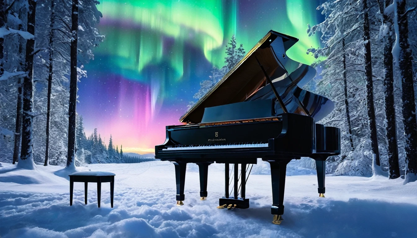 A mysterious and enchanting scene with a single piano under a sky full of aurora borealis. A beautiful woman is standing in front of the piano. The surroundings are completely covered in snow and silence.