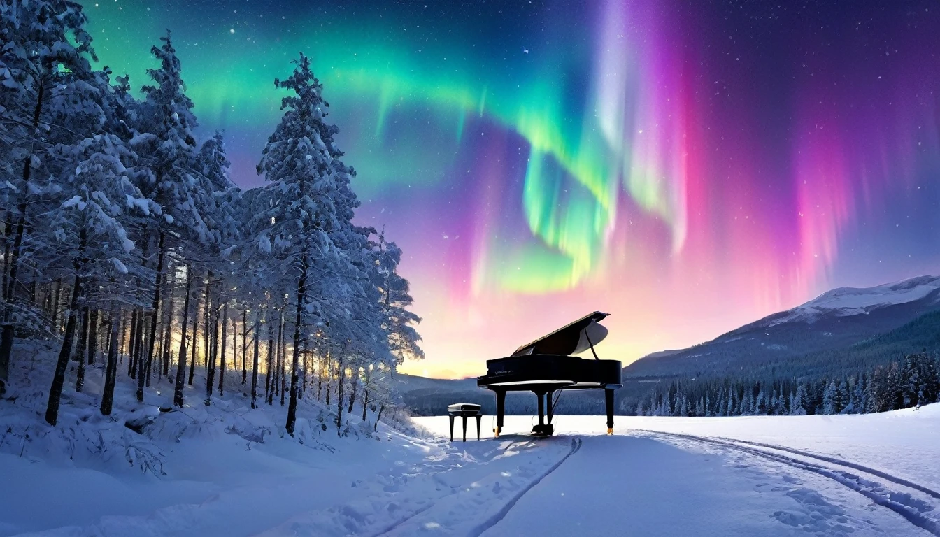 A mysterious and enchanting scene with a single piano under a sky full of aurora borealis. A beautiful woman is standing in front of the piano. The surroundings are completely covered in snow and silence.