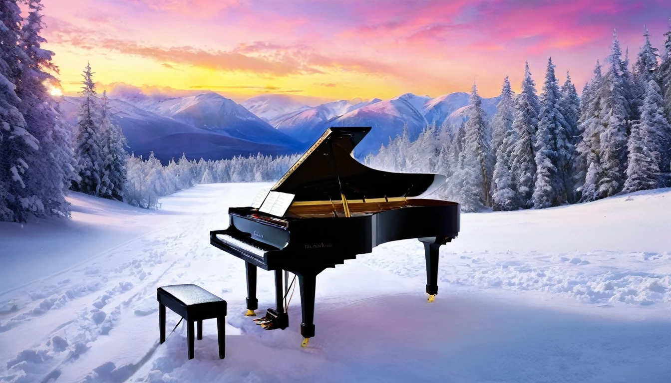A mysterious and enchanting scene with a single piano under a sky full of aurora borealis. A beautiful woman is standing in front of the piano. The surroundings are completely covered in snow and silence.
