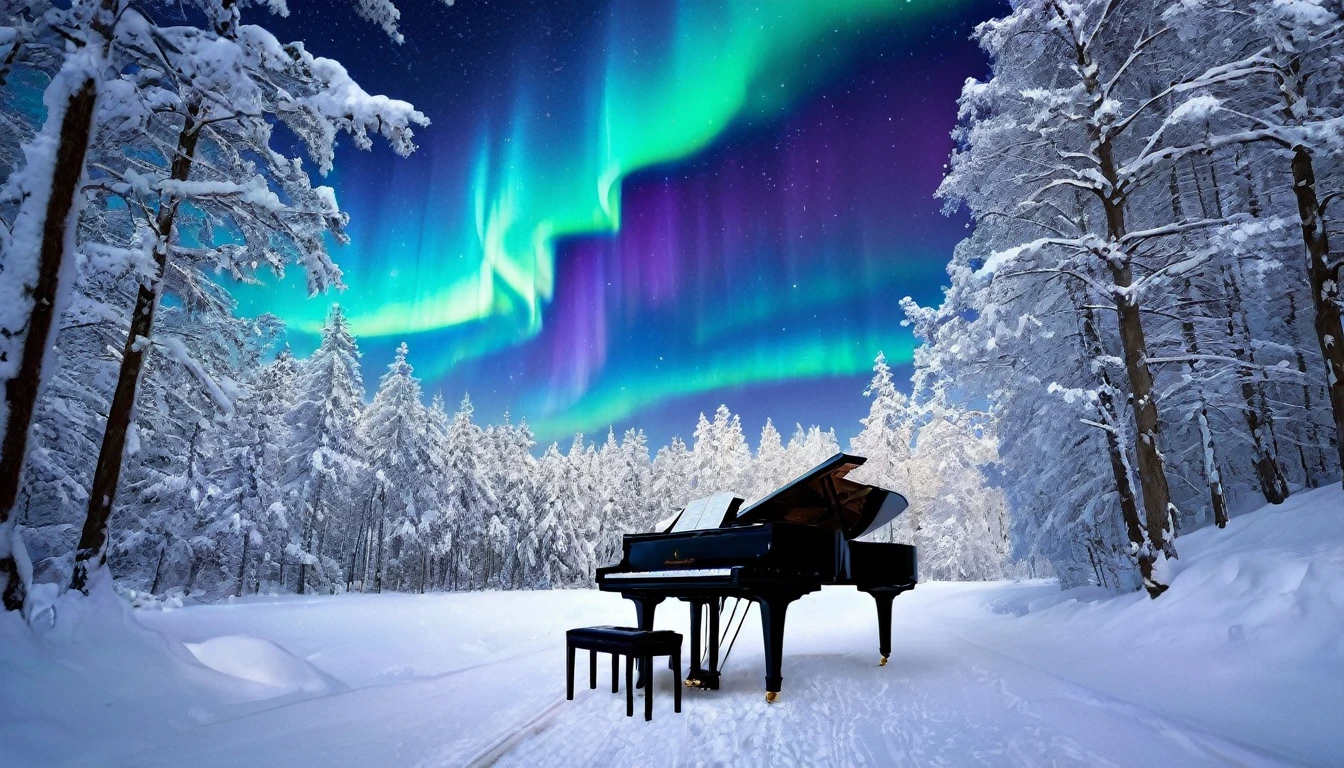A mysterious and enchanting scene with a single piano under a sky full of aurora borealis. A beautiful woman is standing in front of the piano. The surroundings are completely covered in snow and silence.