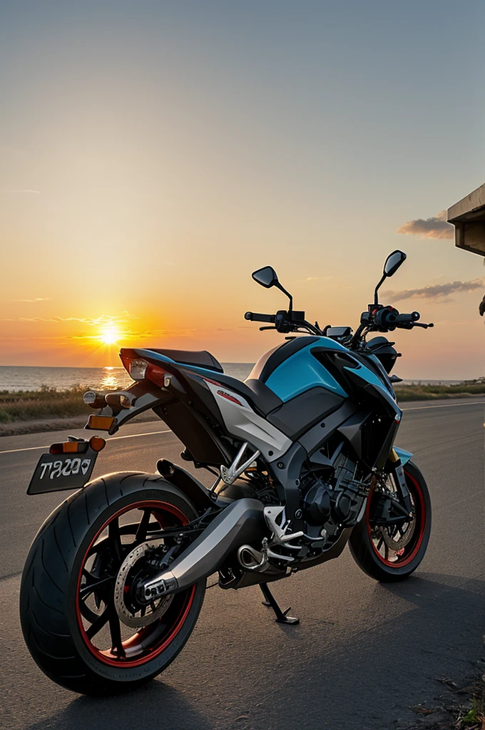 A sunrise with a pulsar rs 200 motorcycle in the background 
