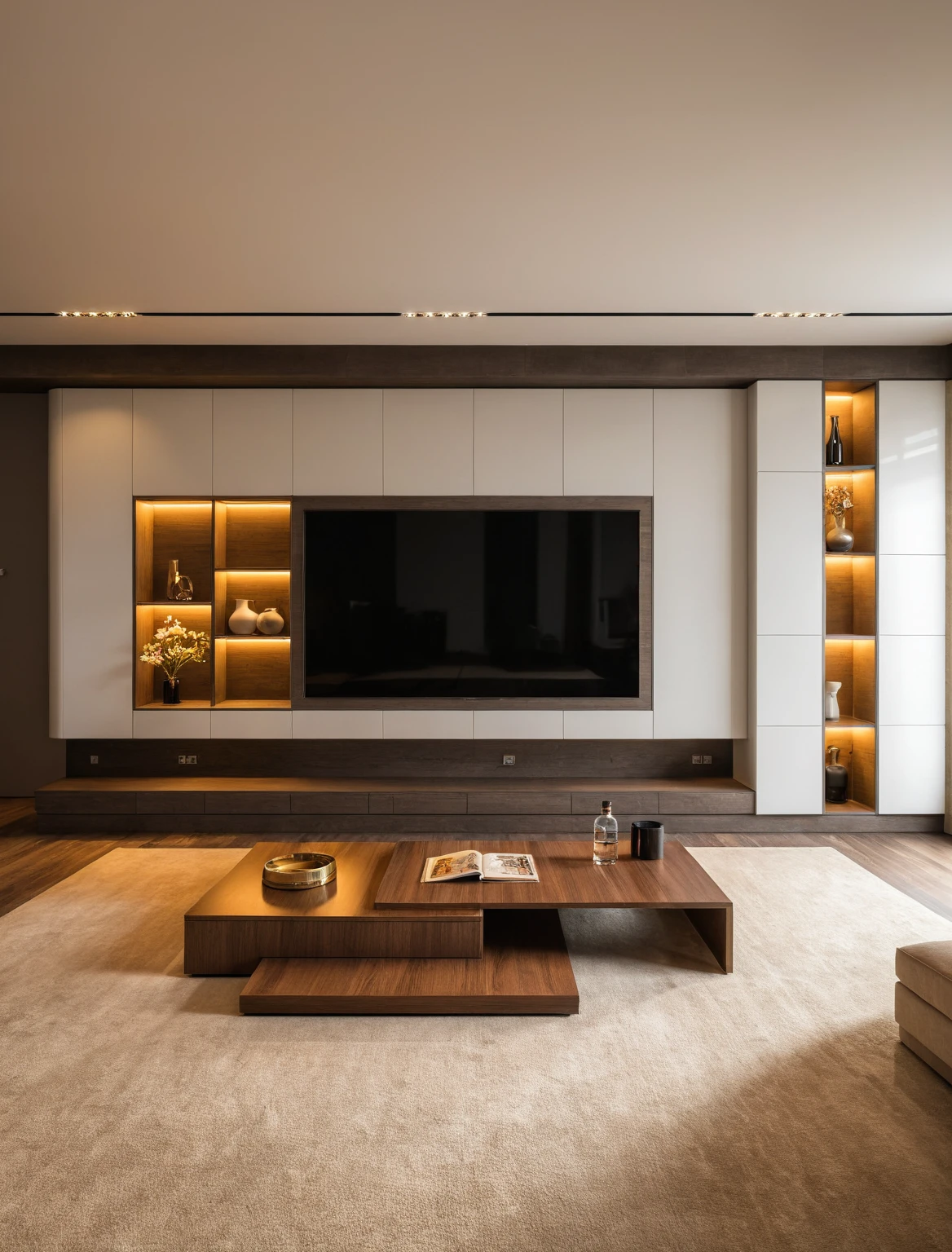 Raw photo,Masterpiece, high quality, best quality, authentic, super detail, interior , sunset, daylight, Modern luxury style living room, TV cabinet, TV, decorative cabinet, books, flower vases, decor, bottles, statues, tea table, tray, wine bottle, rubik, open book, carpet, wooden floor