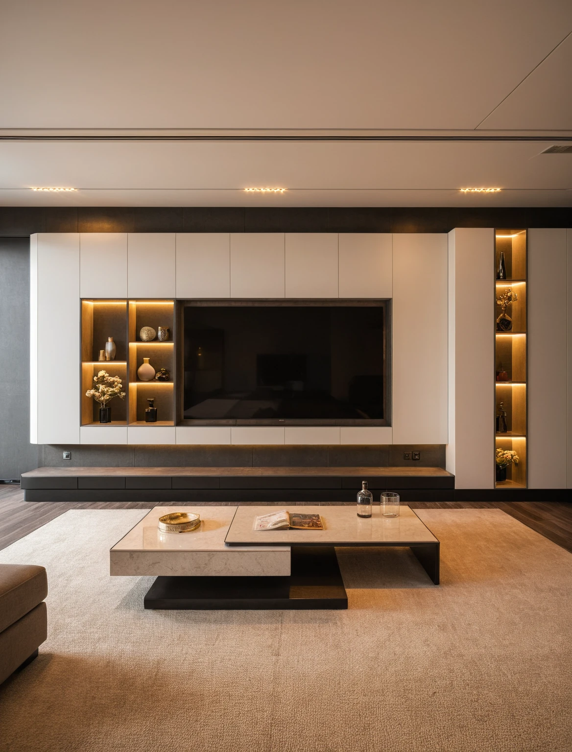 Raw photo,Masterpiece, high quality, best quality, authentic, super detail, interior , sunset, daylight, Modern luxury style living room, TV cabinet, TV, decorative cabinet, books, flower vases, decor, bottles, statues, tea table, tray, wine bottle, rubik, open book, carpet, wooden floor