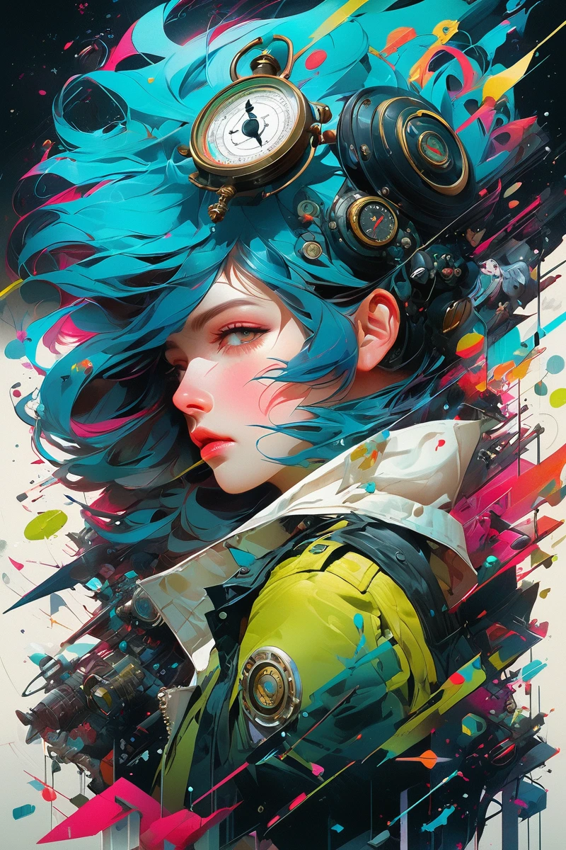 isometric style Impressionism, Splatter Paint em Marco Mazzoni, Karol de volta, Krenz Cushart style Medium Shot de (fantastic girl:1.3) with Gravity Compass, Metrópole Punk Steam, witty, Transcendent, trends on artstation, a masterpiece, vintage . Vibrant, comely, sharp, detailded, ultra detailded, intricate