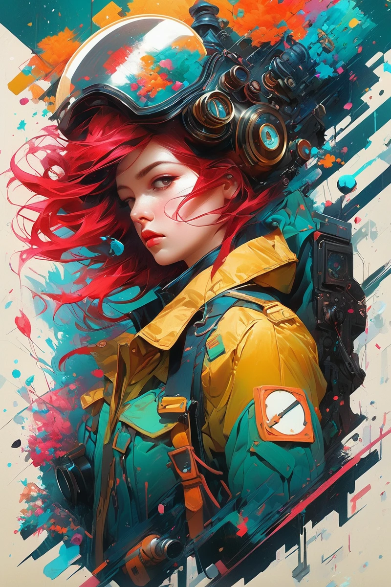 isometric style Impressionism, Splatter Paint em Marco Mazzoni, Karol de volta, Krenz Cushart style Medium Shot de (fantastic girl:1.3) with Gravity Compass, Metrópole Punk Steam, witty, Transcendent, trends on artstation, a masterpiece, vintage . Vibrant, comely, sharp, detailded, ultra detailded, intricate