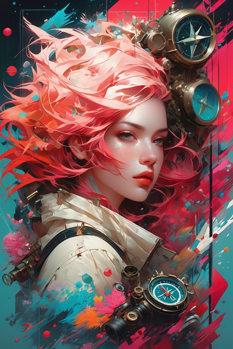 isometric style Impressionism, Splatter Paint em Marco Mazzoni, Karol de volta, Krenz Cushart style Medium Shot de (fantastic girl:1.3) with Gravity Compass, Metrópole Punk Steam, witty, Transcendent, trends on artstation, a masterpiece, vintage . Vibrant, comely, sharp, detailded, ultra detailded, intricate