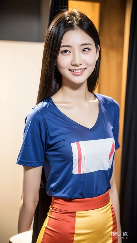 (Highest quality:1.5), (Real:1.4), (Ultra high definition:1.4), (No correction:1.4), (Skinny 18 year old girl), (1 Japanese very thin girl with flat chest in eighteen years old), (very thin body), skinny face, (Beautiful skin), (T-Shirts), (flare skirt), (very thin girl is standing front plain back ground), (18yo very thin girl is standing front plain back ground in studio), (front view of a flat chest girl), Photo studio, (Upper Body), (smile), (Turn your body forward), (very small breasts), (very thin), (Very thin), (flat chest), (girl is wearing T-shirt and flare skirt), (Plain background)