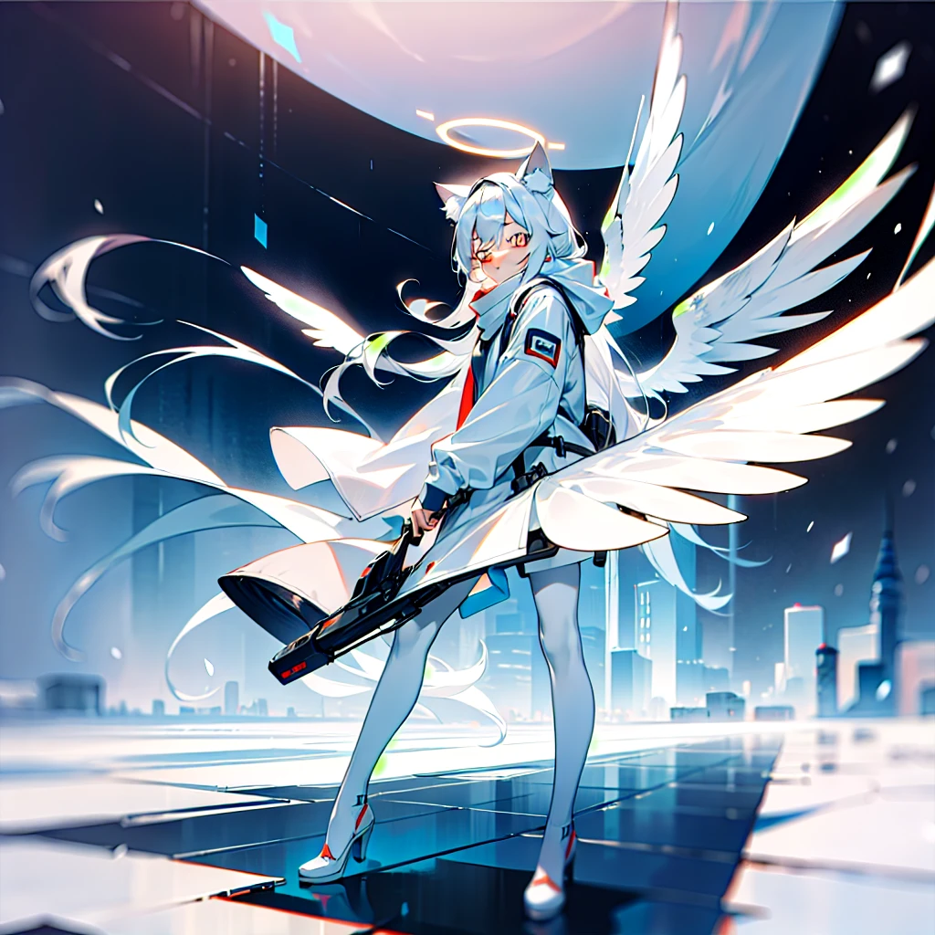 masterpiece, highest quality, highest resolution, clear_image, detailed details, White hair, long hair, cat ears, 1 girl, red eyes, white hoodie, black pantyhose, white scarf (white scarf around the neck with a light blue glow), gray futuristic halo (gray halo over the head), white wings (6 wings), cute, full body, no water marks, snow, city