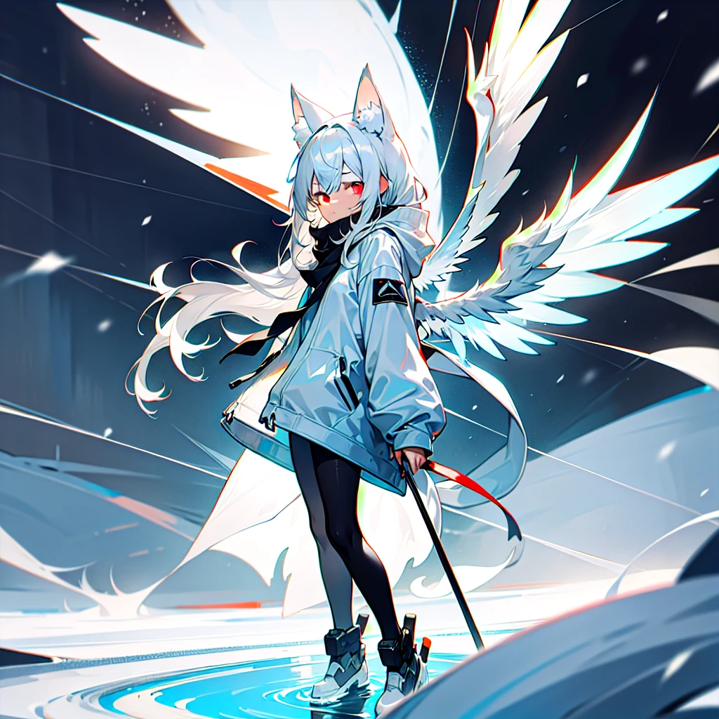 masterpiece, highest quality, highest resolution, clear_image, detailed details, White hair, long hair, cat ears, 1 girl, red eyes, white hoodie, black pantyhose, white scarf (white scarf around the neck with a light blue glow), gray futuristic halo (gray halo over the head), white wings (6 wings), cute, full body, no water marks, snow, city