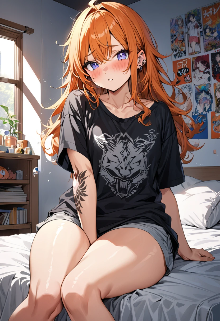 20 year old female, long orange hair, messy hair, perfect eyes, perfect silver irises, perfect pupils, thick thighs, baggy black shirt, shorts, comfy clothes, many ear piercings, messy bedroom, otaku bedroom, flustered, sitting on bed, highly detailed, best detail, best hands, right forearm tattoo, perfect tattoo