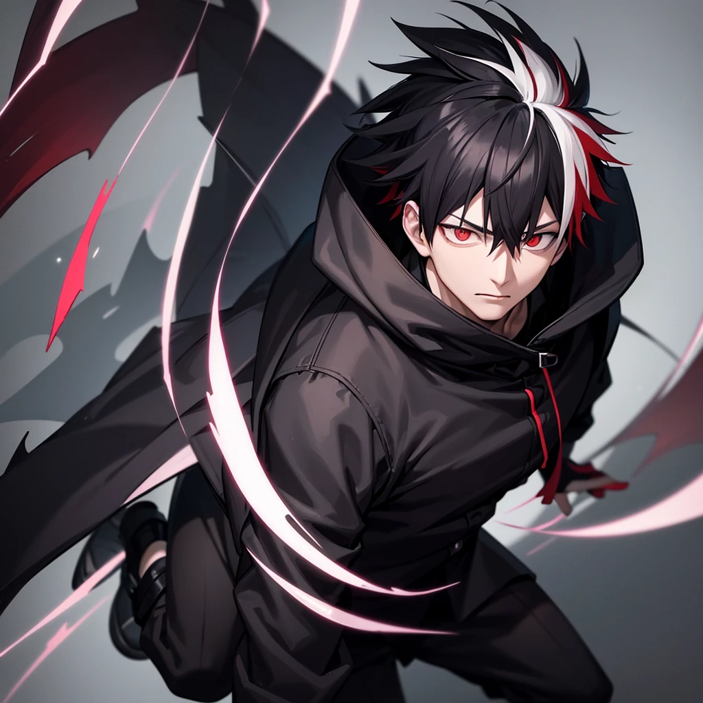 one japanese male, black parka, white hair with red highlights, high res, ultrasharp, jujutsu kaisen style, dragon arm, crow wings masterpiece, grey eyes