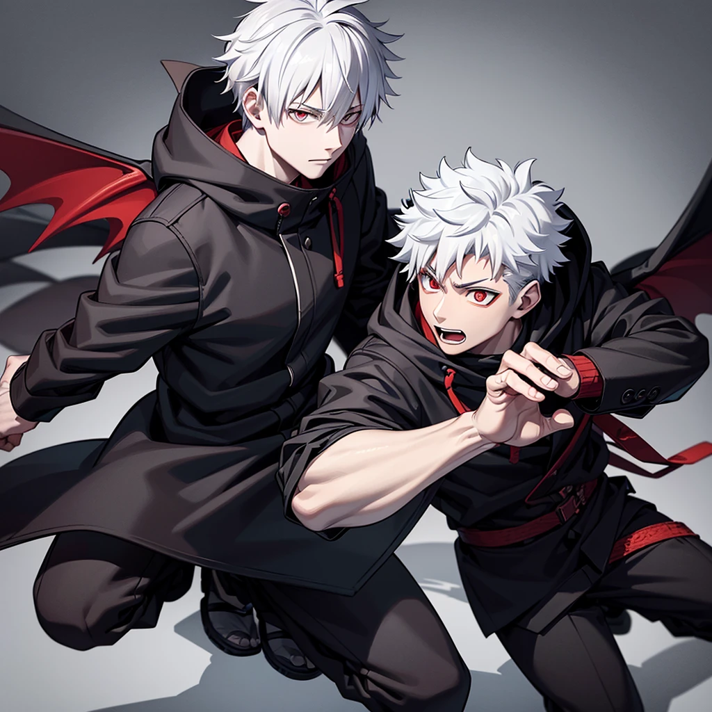 one japanese male, black parka, white hair with red highlights, high res, ultrasharp, jujutsu kaisen style, dragon arm, crow wings masterpiece, grey eyes