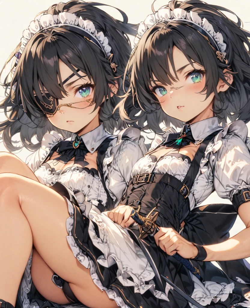 Black Hair　　Eye patch　Short Sword　Thighs　Maid clothes　Petite