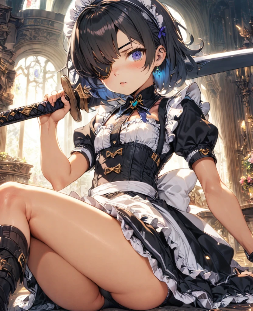 Black Hair Eye patch Short Sword Thighs Maid clothes Petite
