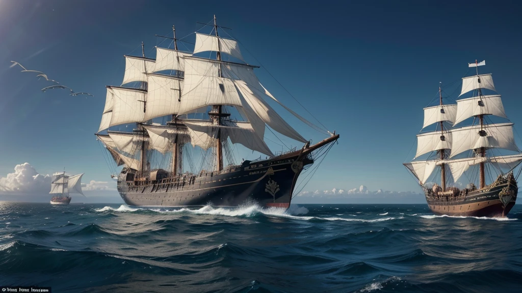 Draw a detailed illustration of a giant Portuguese ship from the times of great navigation. The ship, with its candles in the wind and elaborate decoration, is in the center of the image, sailing on calm waters under a clear sky. on the deck of the ship, a giant crow, black and majestic, is landed, its wings partially open, giving an impression of grandeur and mystery. Beside the crow, a Portuguese admiral, dressed in a traditional 16th century uniform, is standing with a proud posture, gazing at the horizon. The image must capture the grandeur and spirit of adventure of Portuguese maritime explorations, as well as the impressive presence of the giant crow.