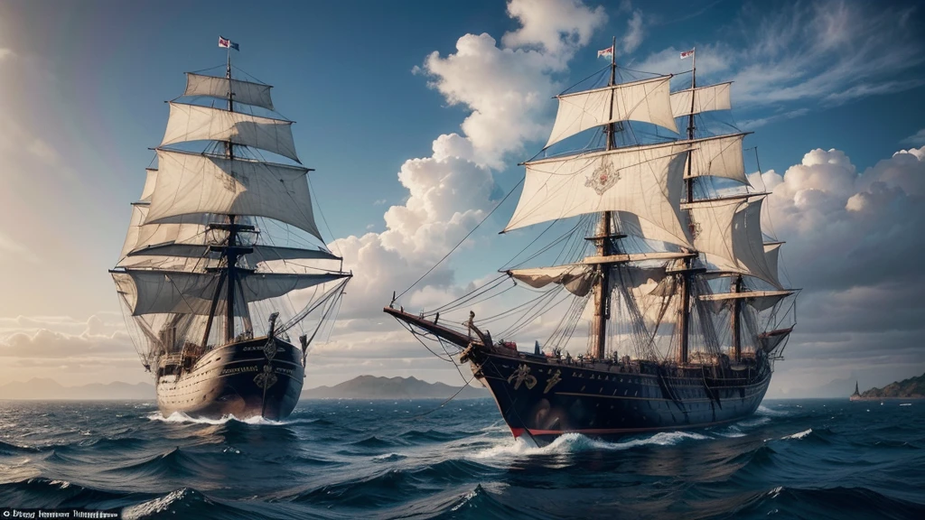 Draw a detailed illustration of a giant Portuguese ship from the times of great navigation. The ship, with its candles in the wind and elaborate decoration, is in the center of the image, sailing on calm waters under a clear sky. on the deck of the ship, a giant crow, black and majestic, is landed, its wings partially open, giving an impression of grandeur and mystery. Beside the crow, a Portuguese admiral, dressed in a traditional 16th century uniform, is standing with a proud posture, gazing at the horizon. The image must capture the grandeur and spirit of adventure of Portuguese maritime explorations, as well as the impressive presence of the giant crow.