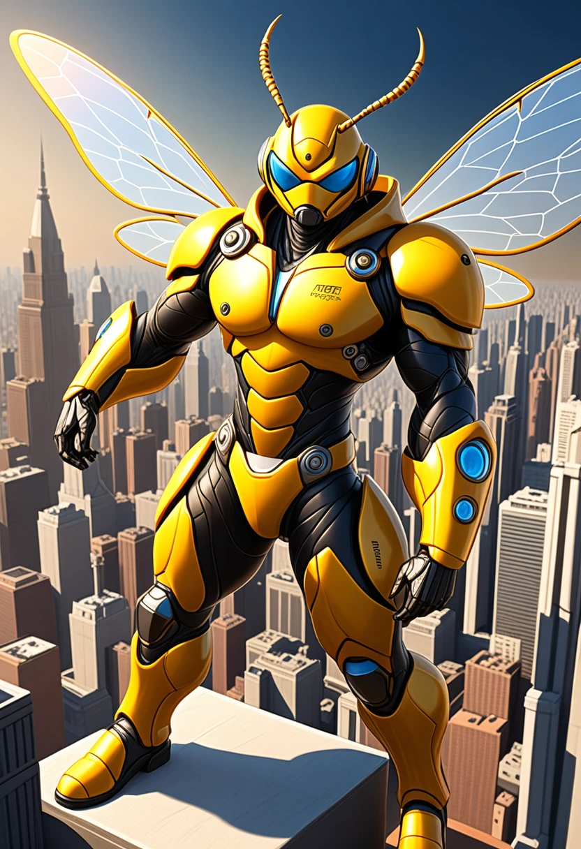 ((absurdres)) perfect whole body, ultra photorealistic, top quality, Photorealistic, ((16k UHD)) High Definition, high-res, ultra sharp, masterpiece, the best quality, intricate details, detailed eyes, perfect face detailed face, (((in a capital city town))) orange goggles, masterpiece, highly detailed exquisite character art, perfectly detailed anatomy, detailed body, detailed pecs, hyper pecs, thick thighs, (((sunny weather))) (((natural lights))), ultra-realistic, (((1male))) ((tall muscular man male humanoid)), bald, humanoid yellow skin, bee anatomy, deity, god of honey bees, humanoid black & yellow skin tone, yellow hue, powerful humanoid appearance, compound eyes, stinger, abdomen, metallic scales, scales. Metallic armour, wings, elf ears, glossy skin, large smirking face, flying in the sky, mandibles, Antenna, honey, ((male muscular stripe black & yellow humanoid insect honey bee)) (((yellow skin))), (((black skin)))
