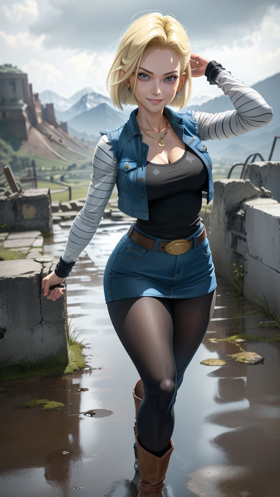 best quality, highres, and18, 1girl, android 18, solo girl, 1girl, blonde hair, blue eyes, belt, boots, tight blue demin skirt, gold_necklace, black shirt, short hair, long striped sleeves, earrings, open vest, denim vest, medium breasts, cowboy shot, mountains, straight-on, (weather: raining and windy), wet body, sexy smile, combat stance, full length pantyhose, battle ruins, wide hips, thick legs, torn clothes, closed fists,