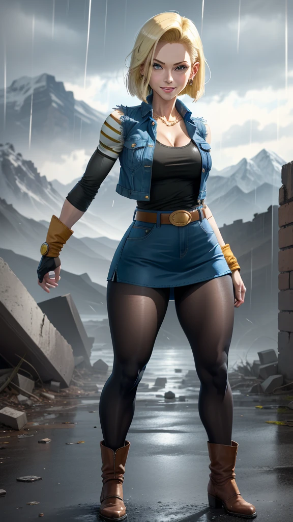 best quality, highres, and18, 1girl, android 18, solo girl, 1girl, blonde hair, blue eyes, belt, boots, tight blue demin skirt, gold_necklace, black shirt, short hair, long striped sleeves, earrings, open vest, denim vest, medium breasts, cowboy shot, mountains, straight-on, (weather: raining and windy), wet body, sexy smile, combat stance, full length pantyhose, battle ruins, wide hips, thick legs, torn clothes, closed fists,