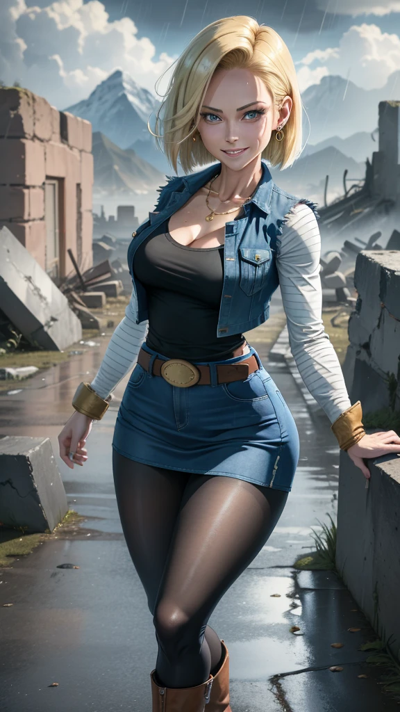 best quality, highres, and18, 1girl, android 18, solo girl, 1girl, blonde hair, blue eyes, belt, boots, tight blue demin skirt, gold_necklace, black shirt, short hair, long striped sleeves, earrings, open vest, denim vest, medium breasts, cowboy shot, mountains, straight-on, (weather: raining and windy), wet body, sexy smile, combat stance, full length pantyhose, battle ruins, wide hips, thick legs, torn clothes, closed fists,